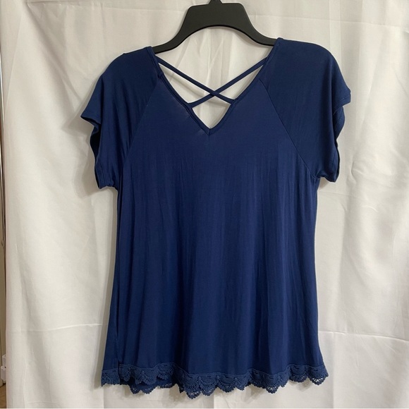 Elle Blue Small Lace Hem Short Sleeve Top Crisscross Festival Summer Backless - Picture 6 of 6